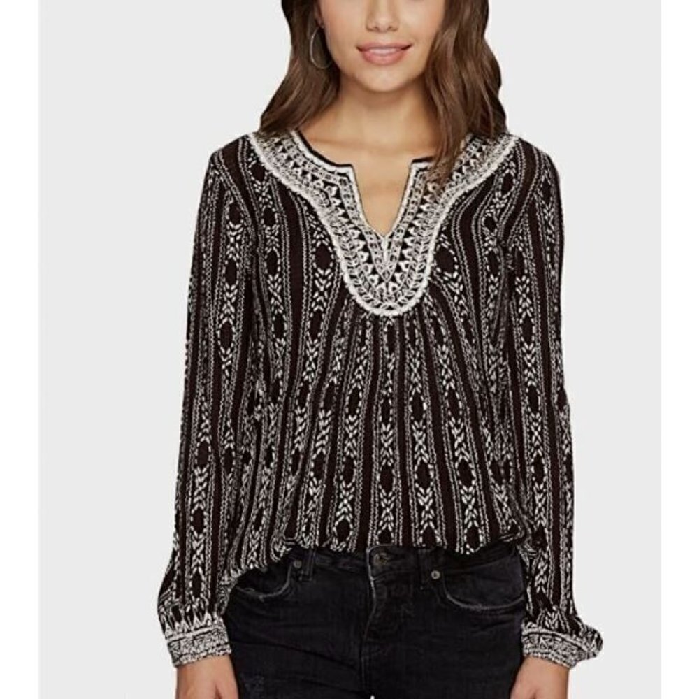 Lucky Brand Top Womens Large Black White Boho Embroidered Sequin Knit Tribal